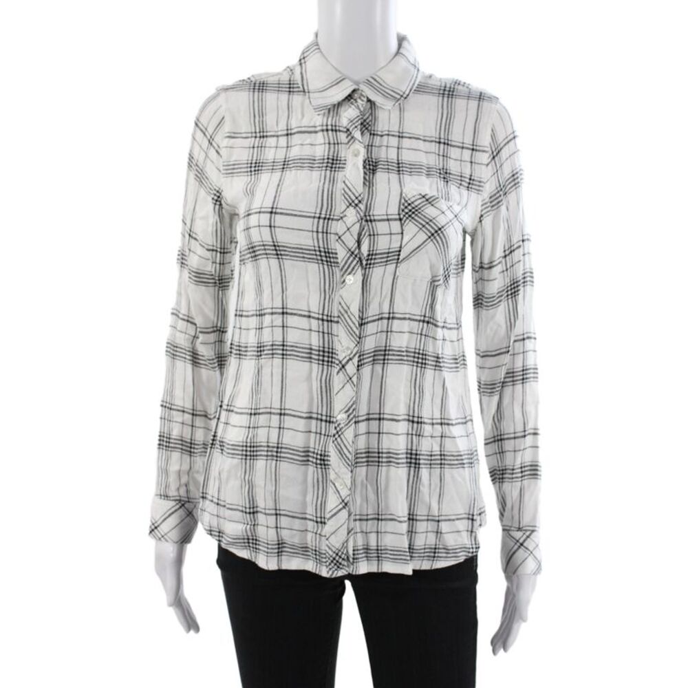 Dylan George Womens Black Plaid Button-Up Top Long Sleeve Rayon Size S
